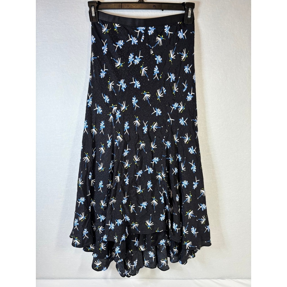 Diane von Furstenberg DVF Floral Ruffle Midi Skirt High Low Hem Black Size 6